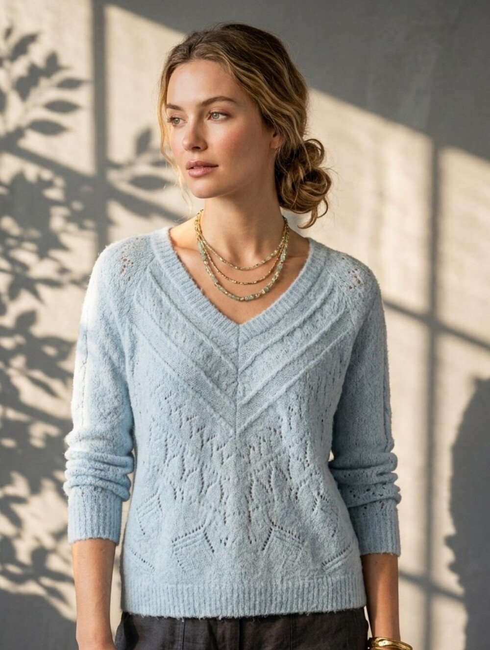 LC Lauren Conrad Cozy Knit V-Neck Chevron Texture Sweater Light Blue L